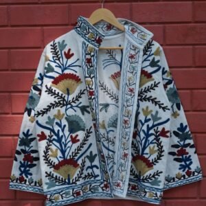 Womens White Velvet Embroidered Jacket with Floral Design