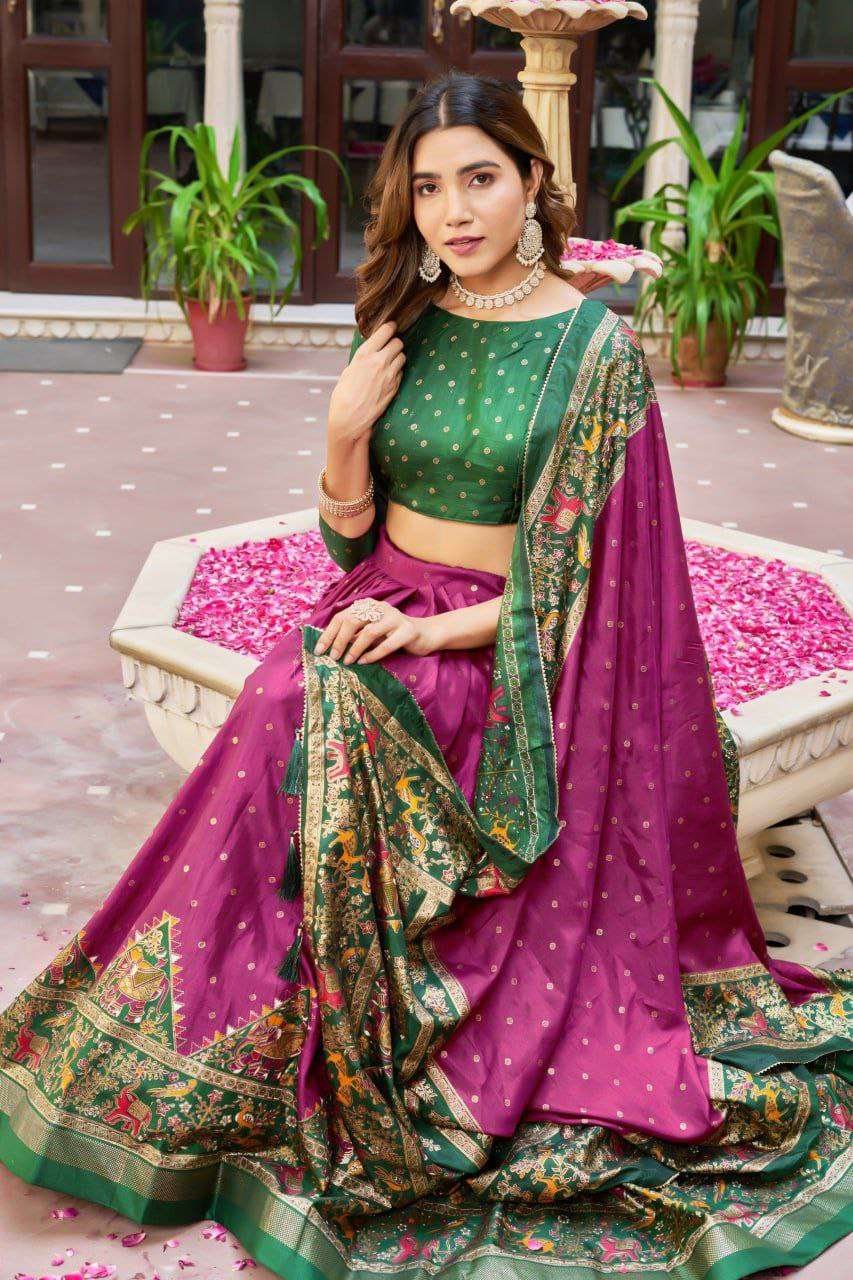 Purple Dola Silk Lehenga Choli with Dark Green Blouse | Bandhej & Ajarakh Print | Wedding & Festive Wear
