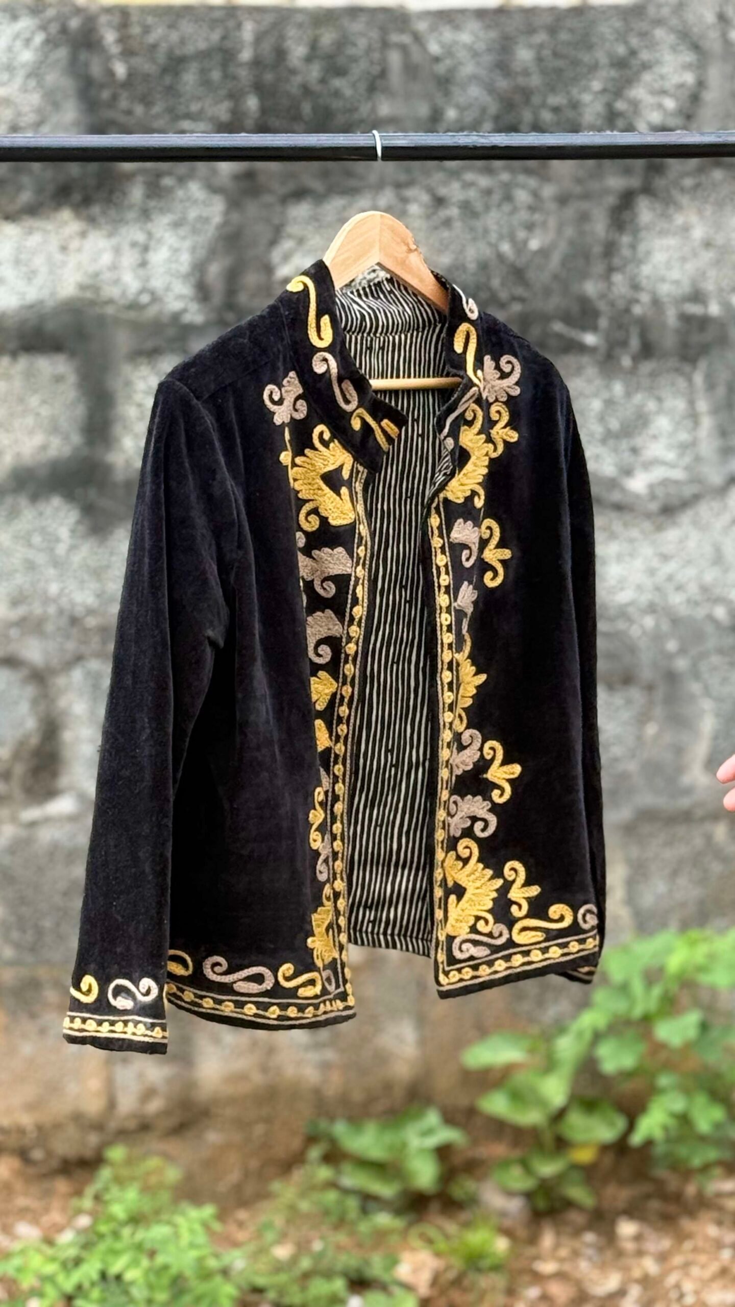 Womens Black Velvet Embroidered Jacket with Floral Design - Image 2