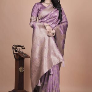 Lavender Banarasi Silk Saree with Golden Zari & Peacock Motifs | Wedding, Festive & Traditional Designer Saree