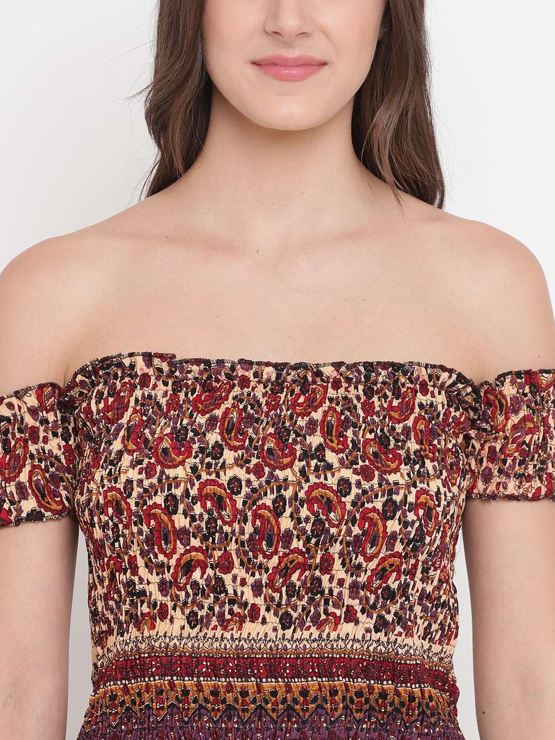 Women's Rayon Printed Off-Shoulder Smocked Crop Top Short Sleeve Casual Styles Tank Top (FREE SIZE) Multi3 - Image 4