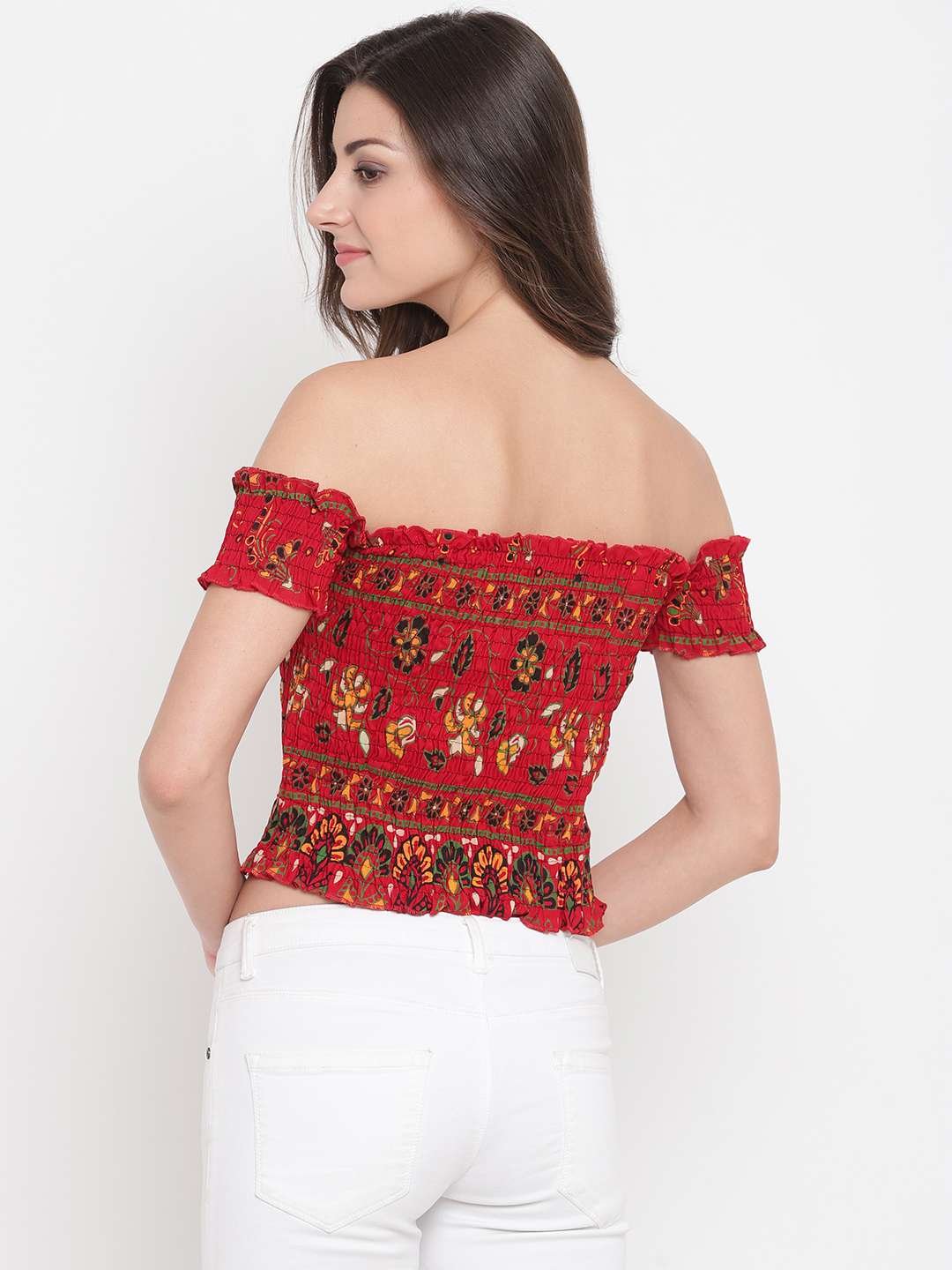 Women's Rayon Printed Off-Shoulder Smocked Crop Top Short Sleeve Casual Styles Tank Top (FREE SIZE) Multi6 - Image 2